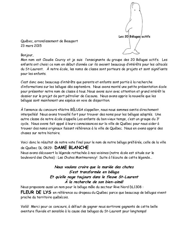 Lettre pour le concours «Notre BELUGA s'appelle...»